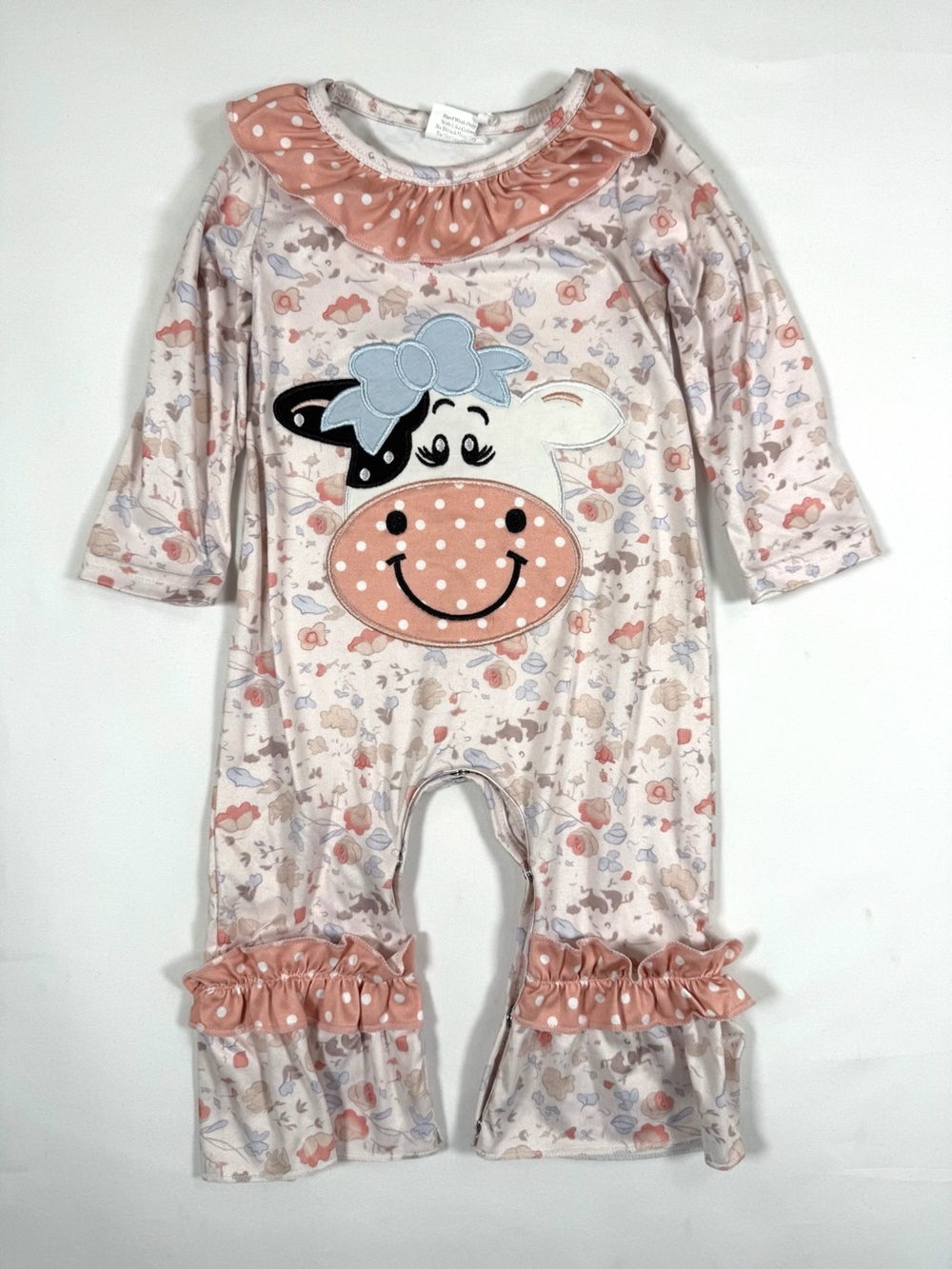 Boutique Cow Floral Baby Girl Romper Ruffle Bell Bottom One Piece Farmhouse 3-6M